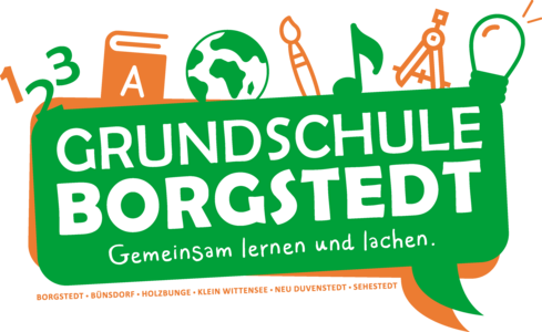 Logo: Schriftzug der Grundschule Borgstedt in einer grünen und orangenen Sprechblase